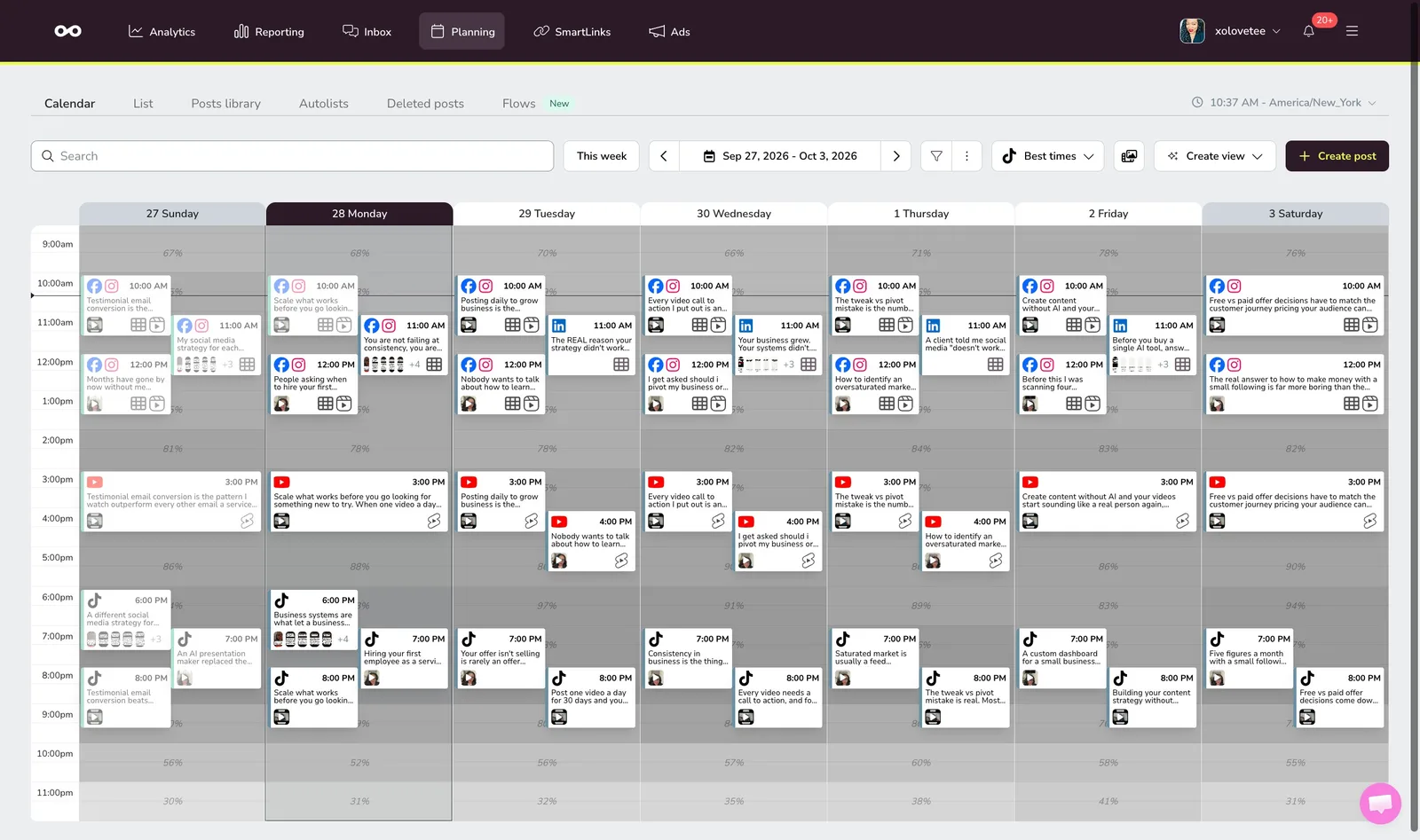 Social media content calendar after AI-powered management showing consistent daily posting across all platforms.