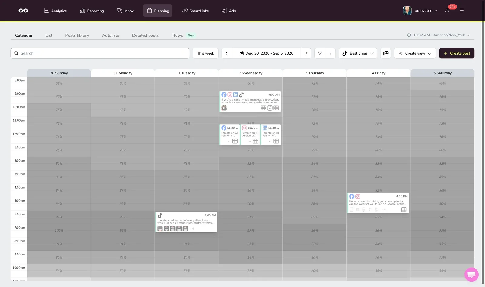 Social media content calendar before AI-powered management showing sparse inconsistent posting across the week.
