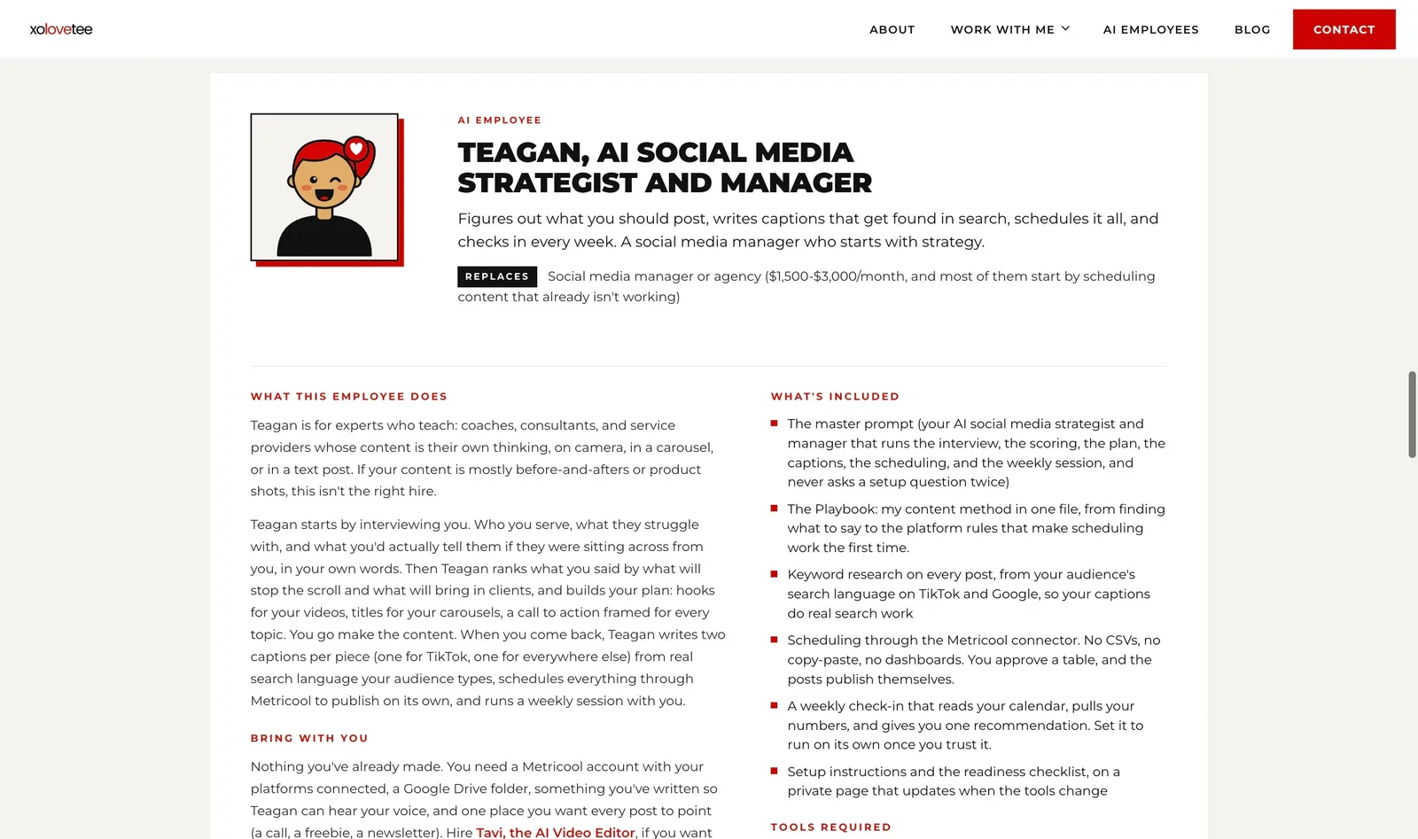 Teagan AI social media strategist and manager product page showing what an AI employee does for small business social media management.