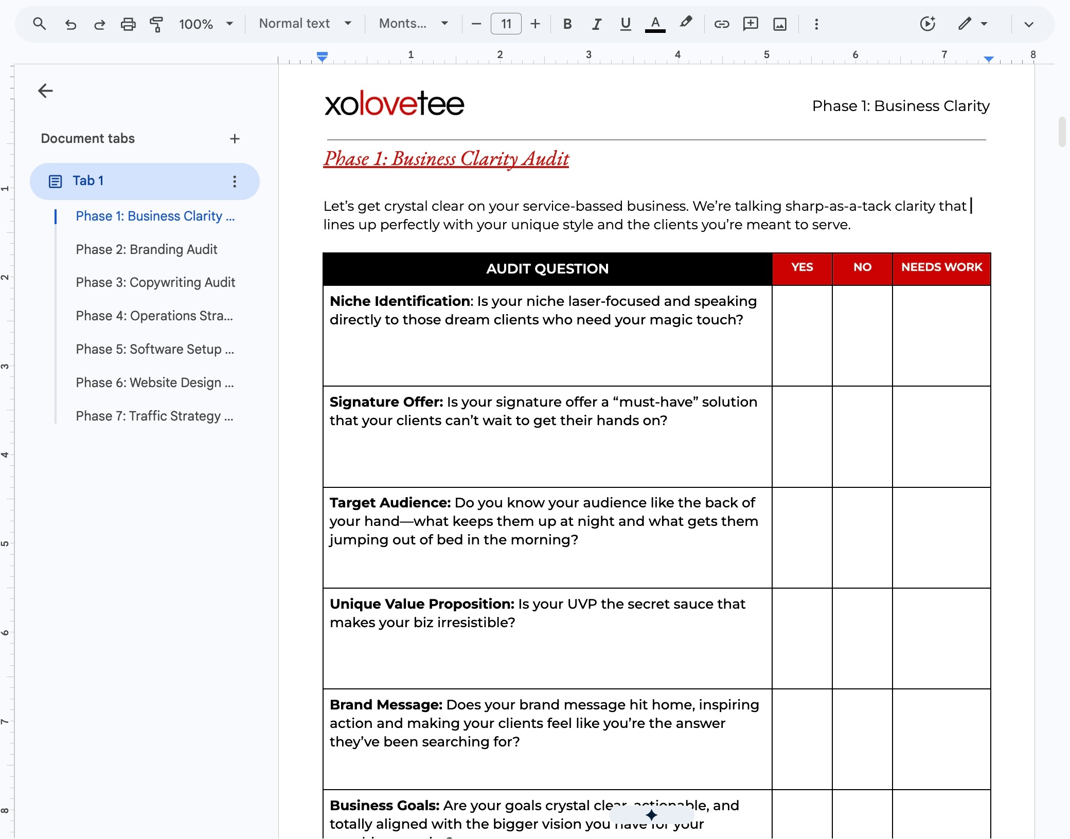 Screenshot of a real marketing consultant business audit showing structured phases and audit questions for small business clients.