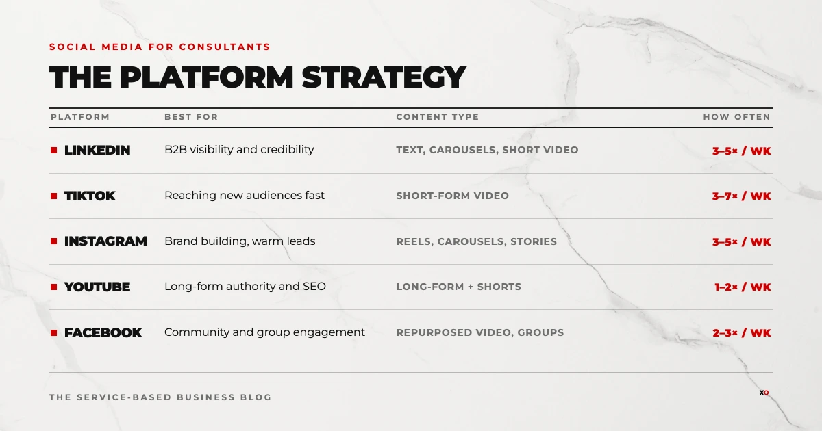 Social media for consultants platform strategy showing LinkedIn, TikTok, Instagram, YouTube, and Facebook with content types and posting frequency.